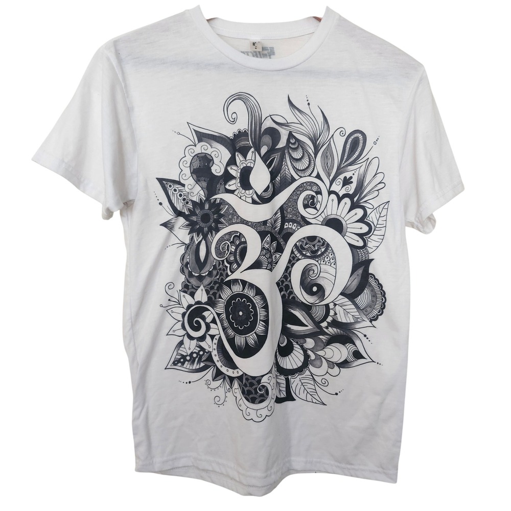 Electro Threads‎ Women's Small Om Symbol Floral Graphic Short Sleeve Tee White